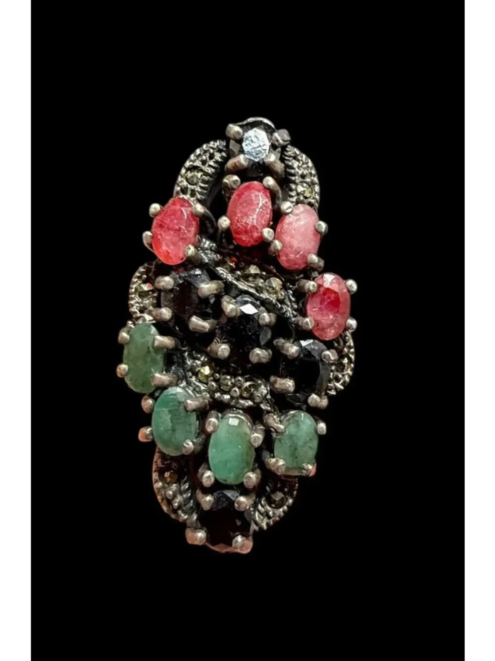 Vintage 925 Art Deco Marcasite Ring Multi Gemstone Ruby Emerald Sapphire